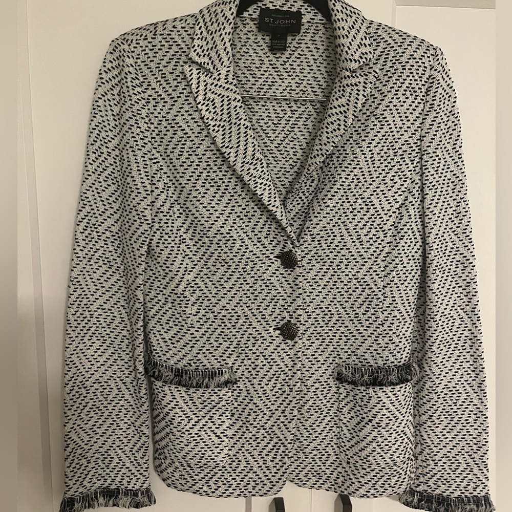 St. John Boutique Santana Knit Fringe Blazer Black White Size 6